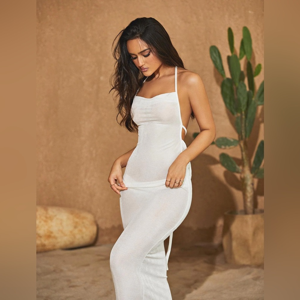 White Backless Maxi Dress | Open Back Draped Cowl Vacation Dress | S | NWT